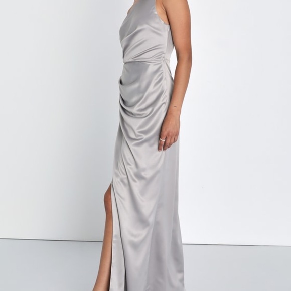 Lulus Dreaming of Elegance Grey Satin One-Shoulder Maxi Dress! - Picture 3 of 4
